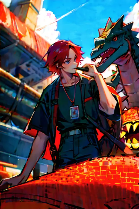 1 red-haired boy and 1 dinosaur