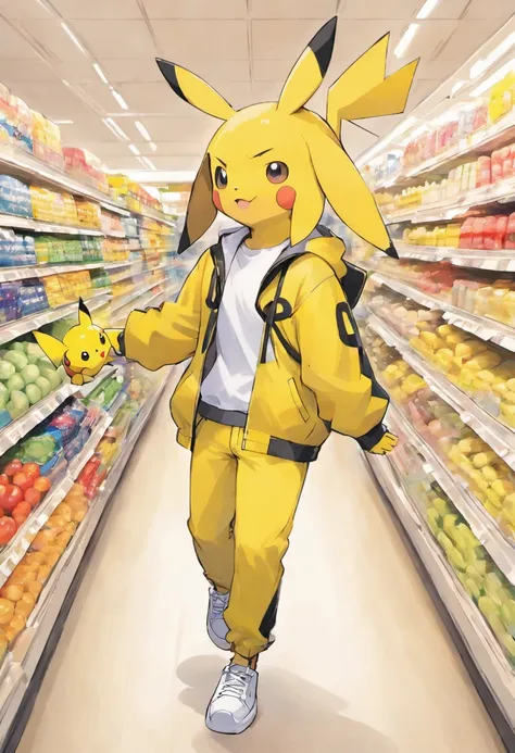 Pokémon: Pikachu is wearing a white shirt, a yellow jacket, black pants, and white sneakers at the supermarket