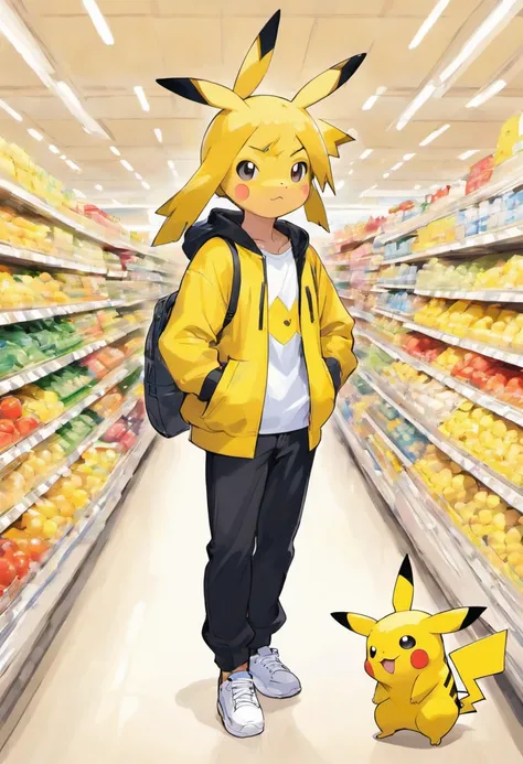 Pokémon: Pikachu is wearing a white shirt, a yellow jacket, black pants, and white sneakers at the supermarket