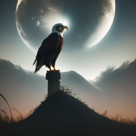 Enter the world of night photography with this captivating image featuring an eagle silhouette against a full moon. The composition utilizes the contrast between light and dark to create a visually striking and atmospheric scene. The use of framing and per...