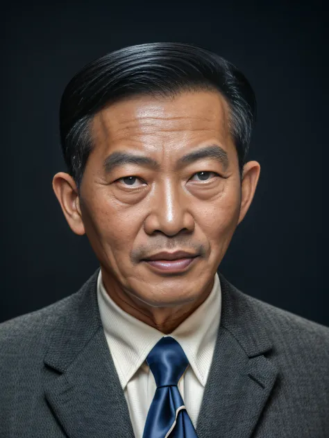 highly realistic photo, image of a 50 year old asian man, black suite, photo taken in 1965 with a kodak camera, dark blue backgr...