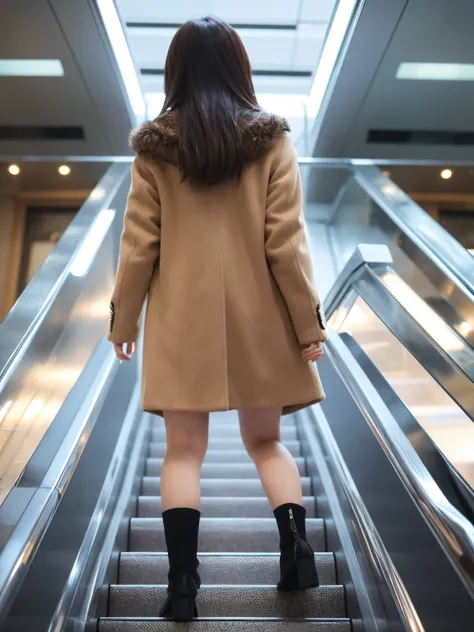 Up Escalator Skirt、short coat、bottom body close up、View from behind、Very low camera angle、Slouched、bent forward