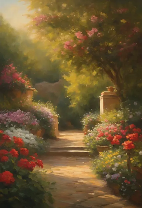 "Uma pessoa meditando em um jardim tranquilo, surrounded by flowers and trees, with soft sunlight filtering through the leaves, (oil painting) representing a calm and serene expression. The garden is full of colorful flowers, incluindo rosas, lilies, e mar...