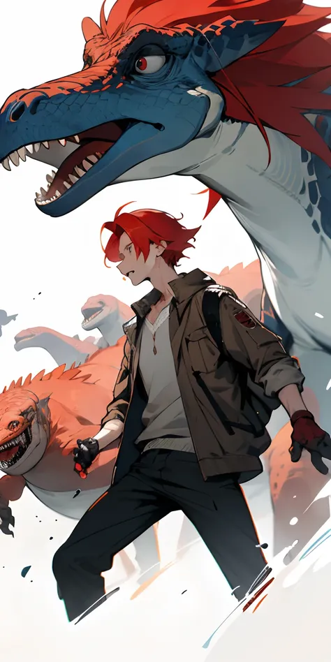 1 red-haired boy surrounded by dinosaurs