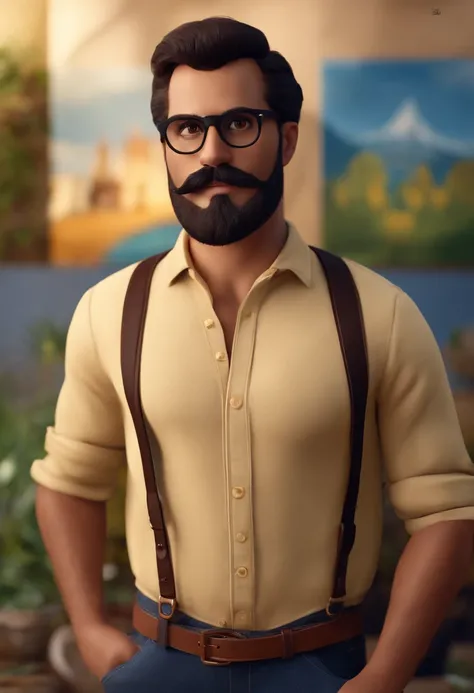 Um filme inspirado na Disney Pixar  (JOVEM DE PELE BRANCA, POUCA BARBA, BIGODE, brown glasses, USANDO UMA BENGALA PRETA, CAMISA ESTAMPADA, CALÇAJEANS ETÊNIS) dentro A cena estar na arte distinta do estilo PIXAR, descolada e estilosa,  USING IMAGE TITLE WIT...