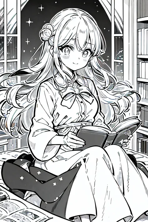 Cute princess、night sky full of stars、Reading a book on the windowsill, lightly smile on her face, shes enjoying read this book, (Best Quality:1.3), (high resolucion:1), (detailed:1.3), (astonishing:1.3), (perfect:1.3), (perfection:1.3), (Illustration:1.3)...