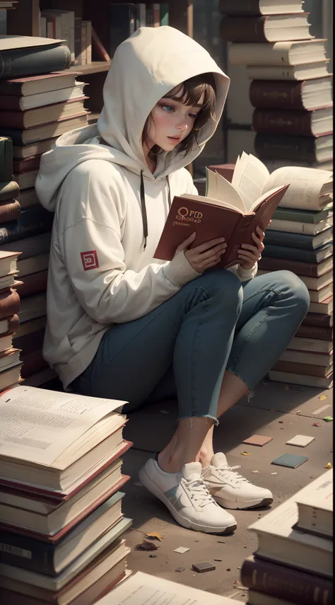 Find you reading on the ground in a pile of books full of books 1People, Wearing a white hoodie, Sitting on the floor,8K