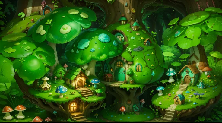 A fairyland-like hideaway，Colorful mushroom house，a fairy world