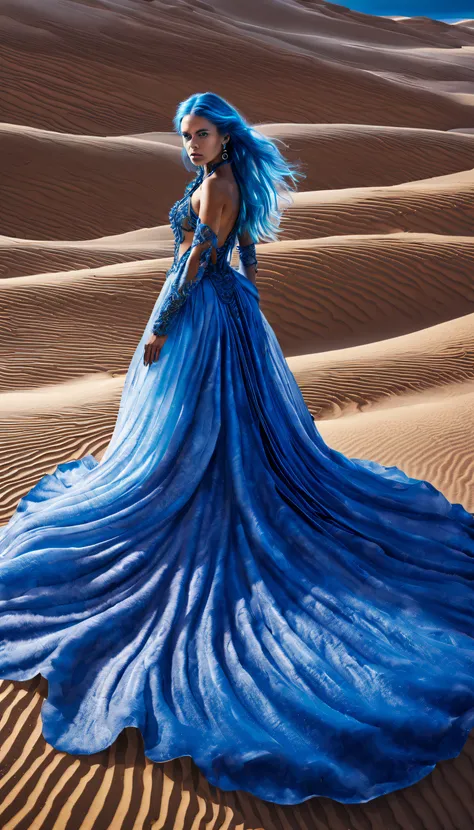 (photograph of a female model in sapphire blue ocean haute couture standing in the desert）,haute couture, witch costume
backgrou...