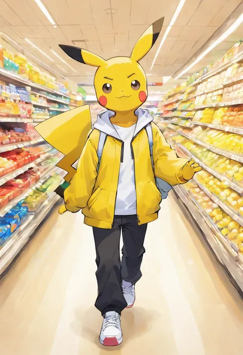 Pokémon: Pikachu is wearing a white shirt, a yellow jacket, black pants, and white sneakers: Pikachu was wearing a white shirt, a yellow jacket, black pants, and white sneakers, and was shopping at the supermarket with a shopping bag