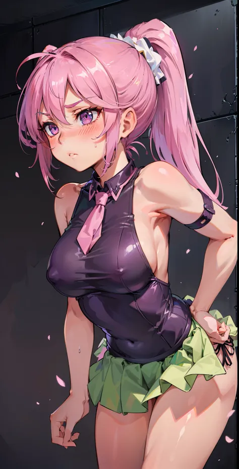 Jibril, (standing), blushed, perfect anatomy, detailed eyes, detailed lips, extremely detailed eyes and face, vivid colors, sharp focus, masterpiece:1.2, ultra-detailed, blushed, ((doggystyle)), (solo), ((tie)), sleeveless, ((((ponytail)))), (((disdain, di...