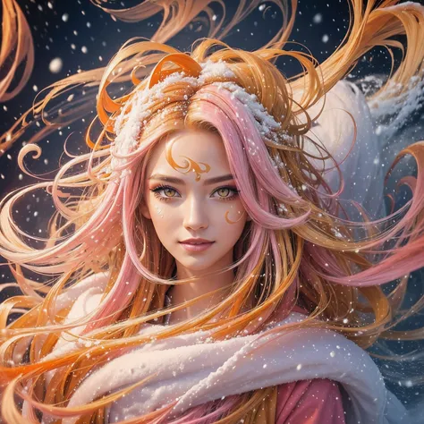 masterpiece, best quality, 1girl, smile, golden and orange swirling vortexes colourful cloudy and smoke and colorful background, (snowing) (( swirling vortexes colourful hair)), wear white fur coat, ((long Hair)), ((right side)), emotional face, close up, ...