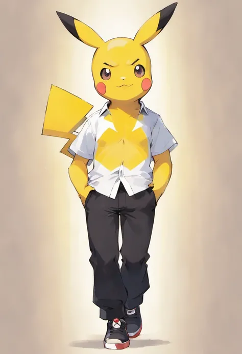 Pokémon: Pikachu wears a white shirt and black pants