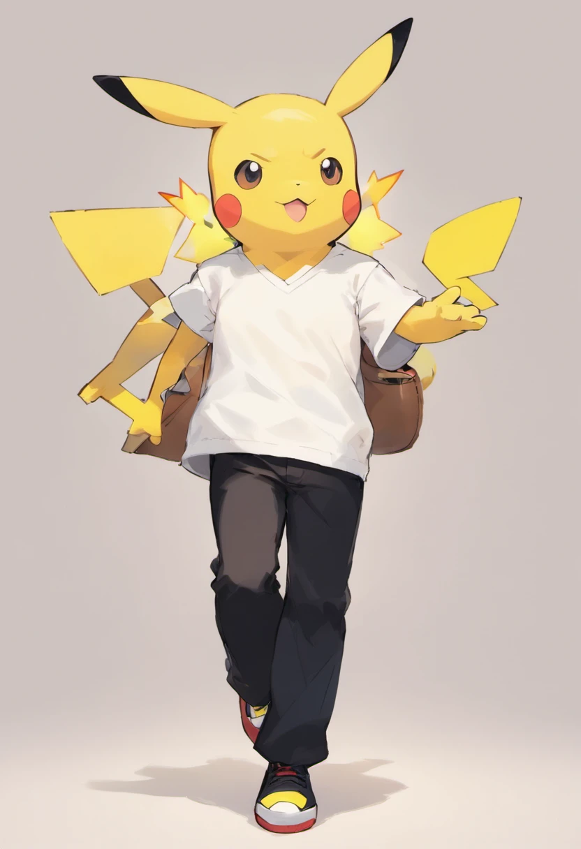 Pokémon: Pikachu wears a white shirt and black pants