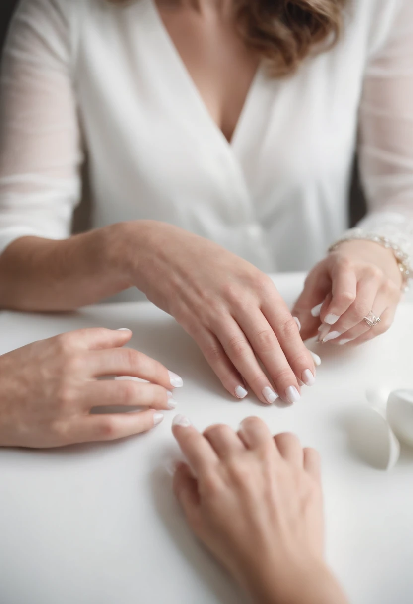 A white woman doing a manicure at a table for someone else with a wide angle shot ultra realistic portrait photo, 64k, Masterpiece, hyper HD