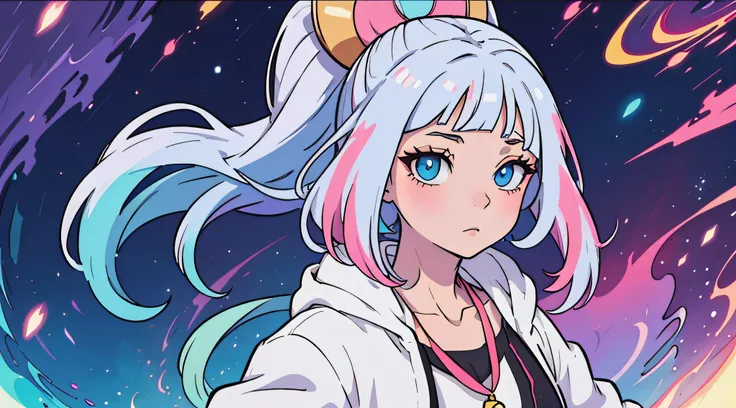 Close-up of a woman with multicolored hair and a necklace, Anime girl with cosmic hair, Gentle vibration Rossdraws, Works of art in the style of Gouviz, fantasy art style, Colorful], Bright fantasy style, Rossdraw cartoon, Full of energy, cosmic and colorf...