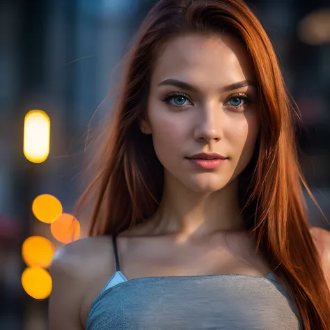 (Taking selfies, Top-down view: 1.4), (straight mid-torso: 1.4), Portrait photo of a 24-year-old redhead in RAW UHD format (Grey-eyed woman) Walking down the dark alley, huge breasts,, Night City , (Top skirt), (Cropping), Details (Textures! , hair! , Glow...