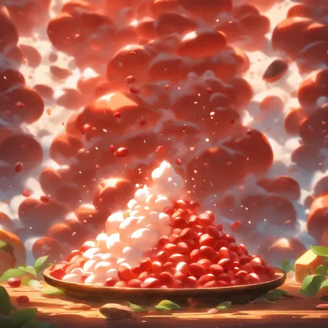 (best quality,high-res,ultra-detailed)(soft lighting),(colorful,Dutch still-life) A mound of red beans, flour, and white sugar, piled up like a small mountain, surrounded by swirling mist. The beans glisten with a deep red hue, contrasting with the powdery...