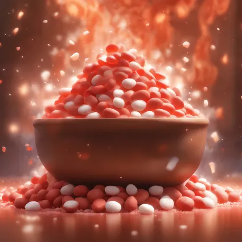 (best quality,high-res,ultra-detailed)(soft lighting),(colorful,Dutch still-life) A mound of red beans, flour, and white sugar, piled up like a small mountain, surrounded by swirling mist. The beans glisten with a deep red hue, contrasting with the powdery...