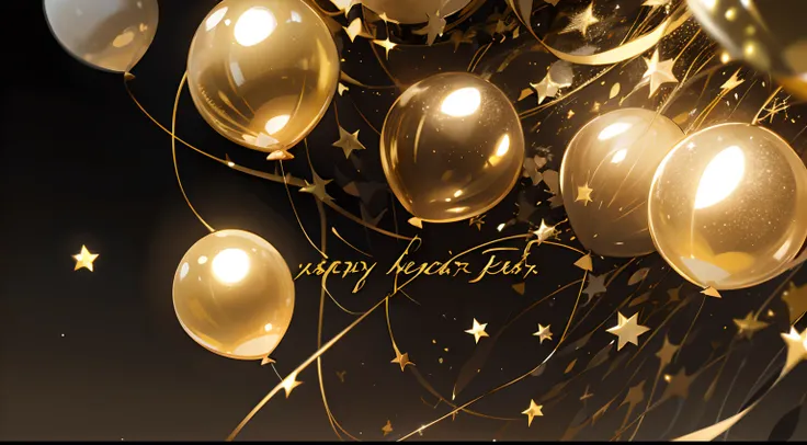 New Years Party Wide Angle，Black background，Black and gold balloons，star ballon，romantic lighting，Gold glittering glitter and streamers flew all over the sky，glorious lighting，Romantic atmosphere，Champagne，Gatsby-style ball，Q version，3 head body