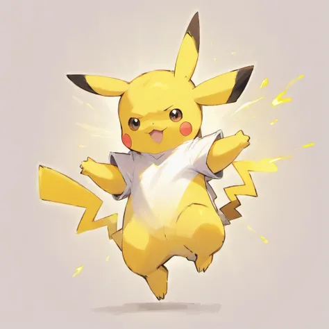 Pikachu wears a white shirt，Lovely jump，Current surrounds，Body stretching，Brighten skin，HighestQuali，8K