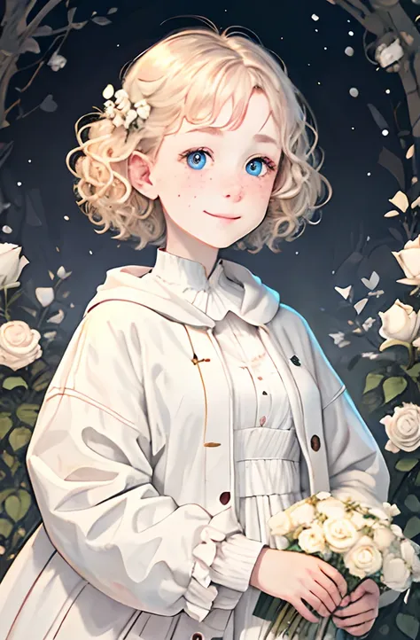 highest quality, pale skin, (face and eyes detail: 1.2), 1 girl, very delicate and beautiful girl, light blond, wavy short hair, blue eyes, snub nose, (slightly childish appearance), ((very beautiful)), ( freckles: 0.7), curls, science fiction, whole body,...