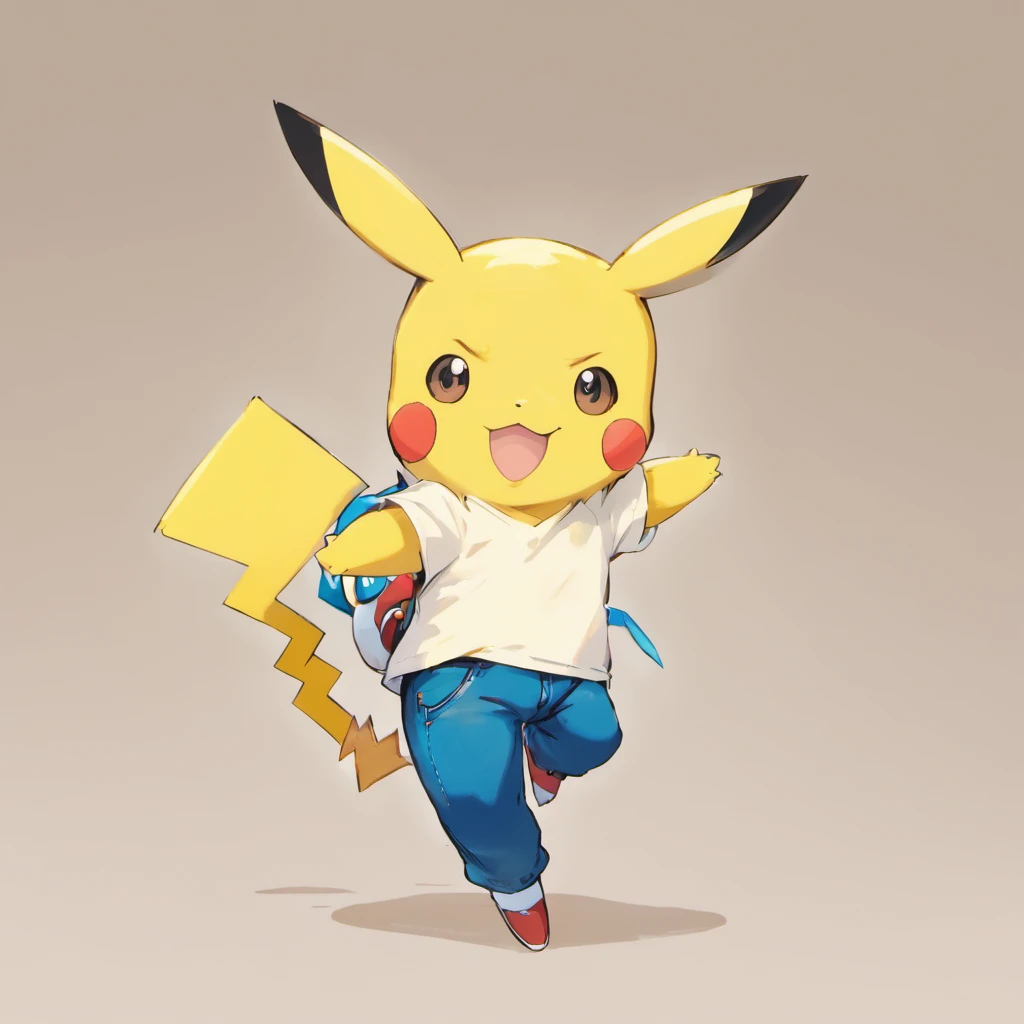 Pikachu wears a white shirt and blue jeans，Lovely jump，Current surrounds，Body stretching，Brighten skin，HighestQuali，8K