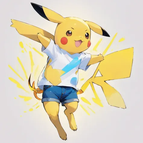 Pikachu wears a white shirt and blue jeans，Lovely jump，Current surrounds，Body stretching，Brighten skin，HighestQuali，8K