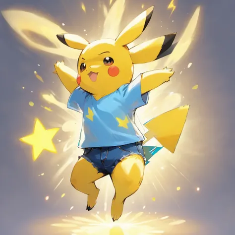 Pikachu wears a white shirt and blue jeans，Lovely jump，Current surrounds，Body stretching，Brighten skin，HighestQuali，8K