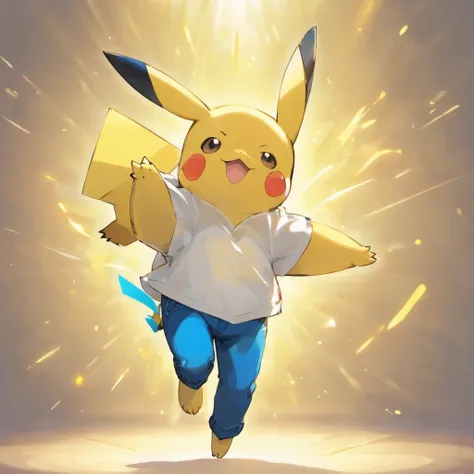 Pikachu wears a white shirt and blue jeans，Lovely jump，Current surrounds，Body stretching，Brighten skin，HighestQuali，8K