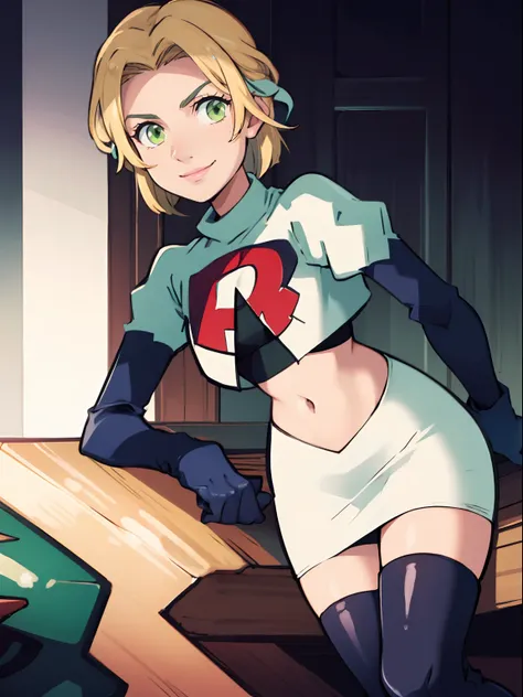 ingrid_timeskip, green eyes, team rocket, team rocket uniform, red letter R, white skirt, white crop top, black thigh-high boots, black elbow gloves, looking at viewer, evil smile