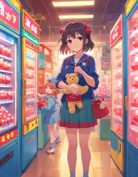 There is a cute boy and girl standing in front of the crane machine，Girl holding cute strawberry bear in her hand, Cute cartoon, cute illustration, Praise Artstyle, lofi feel,The background is a claw machine，There is a cute doll on the mechanical grab in t...