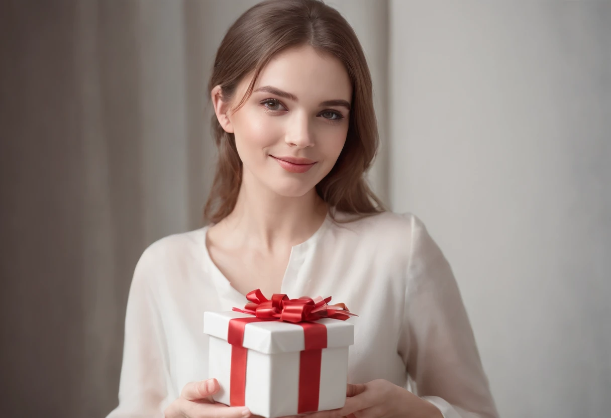 A white female full body portrait holding a gift，A happy look，Hyper-realistic portrait photos, 64k, Masterpiece, hyper HD