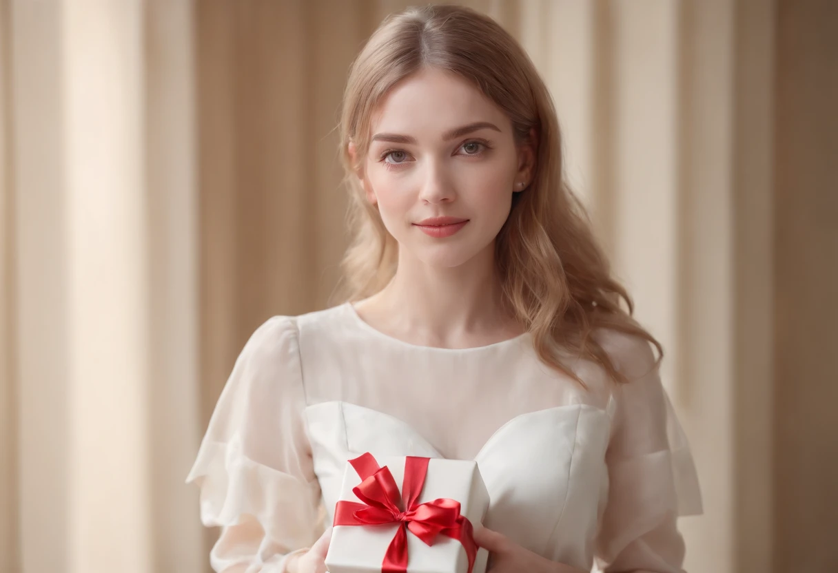 A white female full body portrait holding a gift，A happy look，Hyper-realistic portrait photos, 64k, Masterpiece, hyper HD