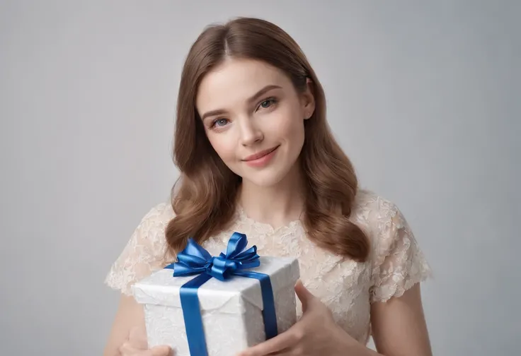 A white female full body portrait holding a gift，A happy look，Hyper-realistic portrait photos, 64k, Masterpiece, hyper HD