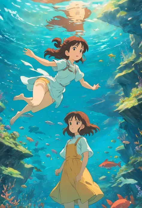 In the style of a tranquil underwater landscape, colorful animation stills, Masami Teraoka, aquamarine, Paul Gauguin, Amber style, Honest portrayal