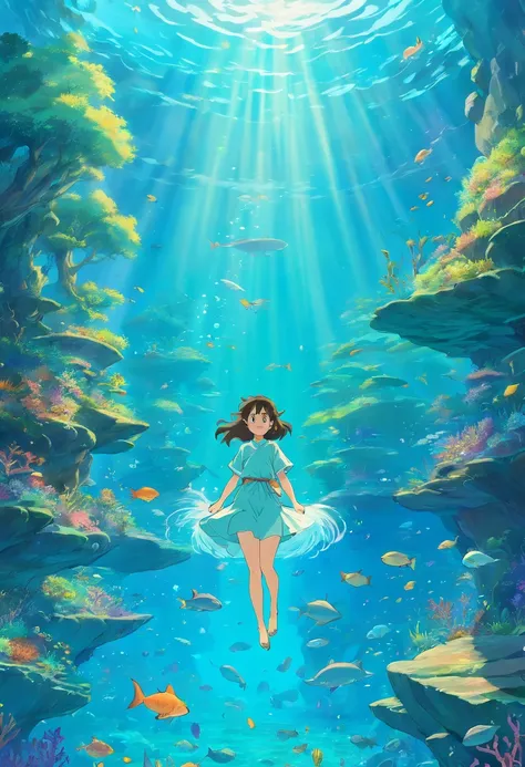 In the style of a tranquil underwater landscape, colorful animation stills, Masami Teraoka, aquamarine, Paul Gauguin, Amber style, Honest portrayal