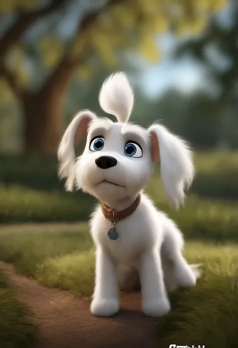 white dog, com duas manchas redondas beges bem claras pelas costas, The right eye is brown with blue spotting, The left eye is all blue with a few brown spots, The tail is up high and very hairy, animation character, Caractere estilizado, animation style r...