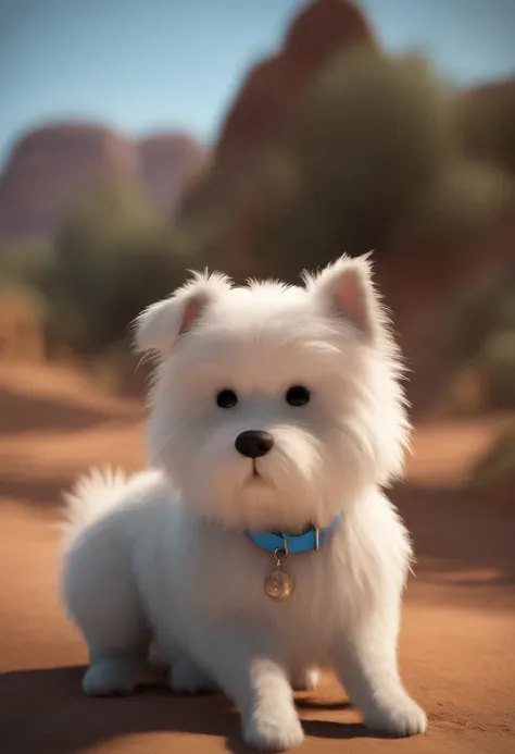 white dog, com duas manchas redondas beges bem claras pelas costas, The right eye is brown with blue spotting, The left eye is all blue with a few brown spots, The tail is up high and very hairy, animation character, Caractere estilizado, animation style r...