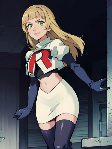 ingrid_academy, green eyes, team rocket, team rocket uniform, red letter R, white skirt, white crop top, black thigh-high boots, black elbow gloves, looking at viewer, evil smile