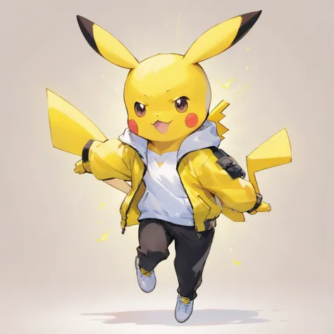 Pikachu wears a white shirt, a yellow jacket, black pants, and white shoes，Lovely jump，Current surrounds，Body stretching，Brighten skin，HighestQuali，8K