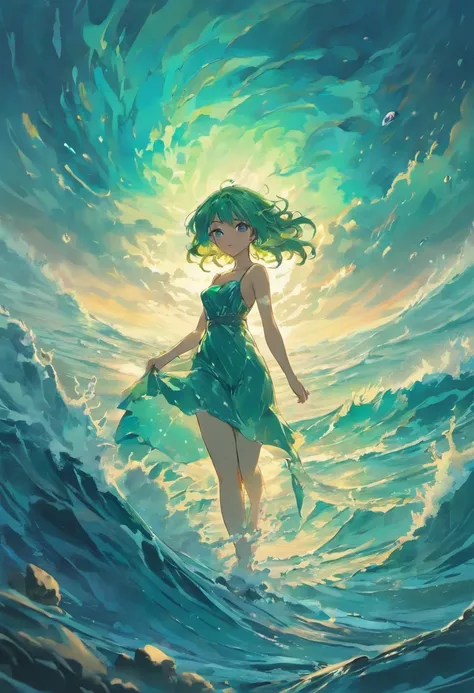 (Best quality,4K,8K,A high resolution,Masterpiece:1.2),Ultra-detailed,(Realistic,Photorealistic,photo-realistic:1.37),god of the ocean,ships,storming,Water splashes,mermaid,seagulls,A lighthouse in the distance,Sunset glow,Emerald green color palette,Majes...