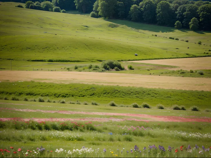 Serene Countryside Meadows: Rolling fields dotted with wildflowers, offering a serene and peaceful view.