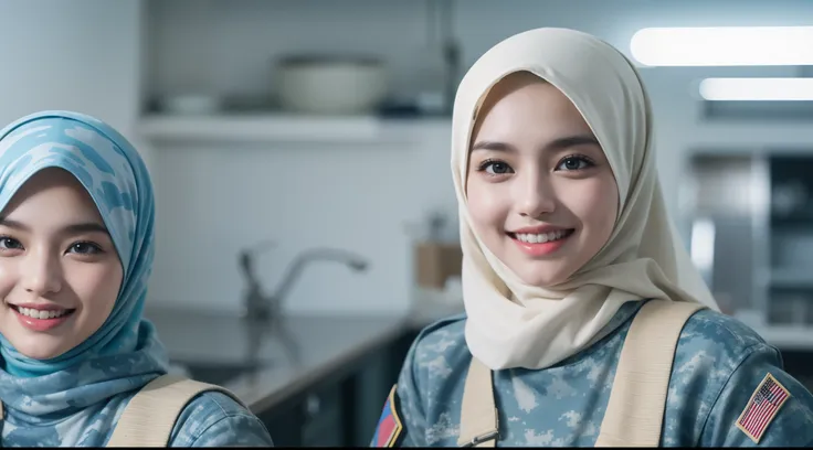 4 beautiful malay girl in hijab taking picture in modern kitchen, wear blue digital camouflage military uniform, blue military u...