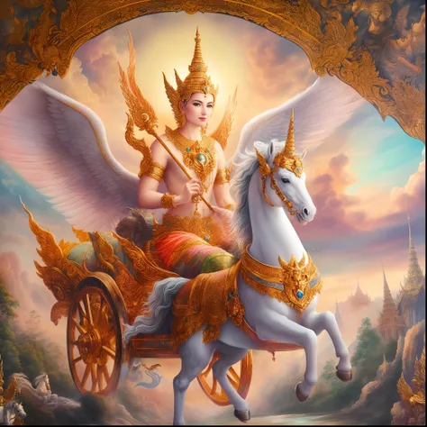 painting of a woman riding a white horse with a winged halo, chariot, thailand art, by Caroline Chariot-Dayez, woman riding a flying unicorn, samsara, mythological painting, beautiful godrays, tarot card the chariot, nivanh chanthara, goddess of love and p...