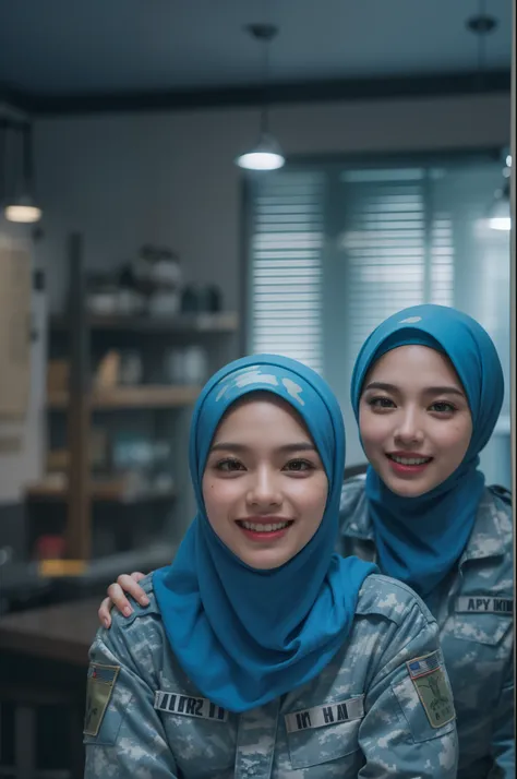 4 beautiful malay girl in hijab taking picture in modern kitchen, wear bright blue digital camouflage military uniform, bright blue military uniform, army cadet, blue digital camouflage, friendly and laughing situation, laughing, happy, detailed skin textu...