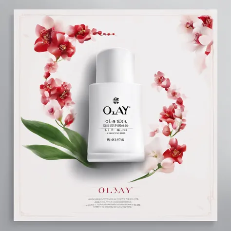 Simple graphic design，About a cosmetic product，White as the base，Flower embellishment，The content needs to be simple，This cosmetic is a body lotion from the Chinese brand OLAY