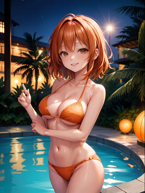 top-quality、Full limbs、complete fingers、1girl in、((one beautiful women、独奏))、Beautiful Large Breasts、Medium Hair、straight haired、orange color hair、((Woman in orange bikini))、Night Pool、Illuminated pool、Pool on the roof of the hotel、Naughty Poses、A big smile...