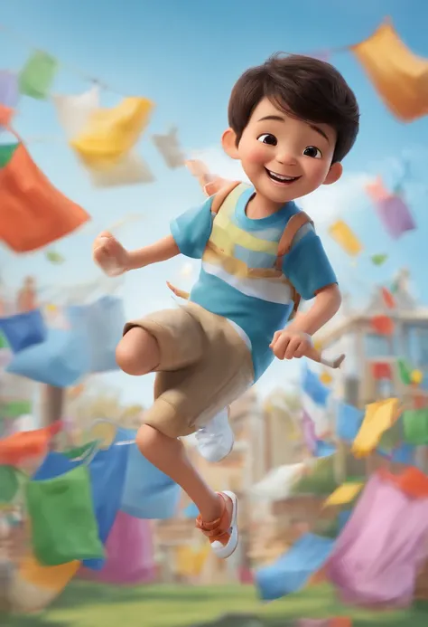 Image of an Asian Chinese boy doing a design，Full body like，Jumping action，Holding painting tools in hand，Colorful plastic bags on the background，pixar-style，adolable，Happy expression，The action is lively，3Drenderingof，Thick coating，extreme hight detail，HD...