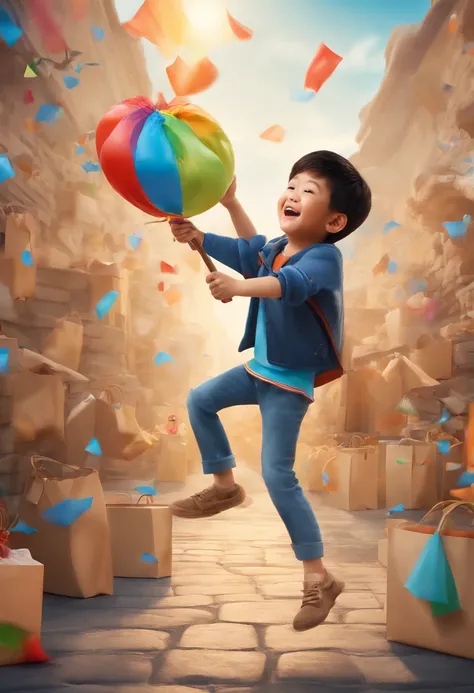 Image of an Asian Chinese boy doing a design，Full body like，Jumping action，Holding painting tools in hand，Colorful plastic bags on the background，pixar-style，adolable，Happy expression，The action is lively，3Drenderingof，Thick coating，extreme hight detail，HD...